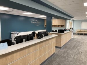 Reception desk and check-in area inside Princeton Eye Group’s new Somerset office